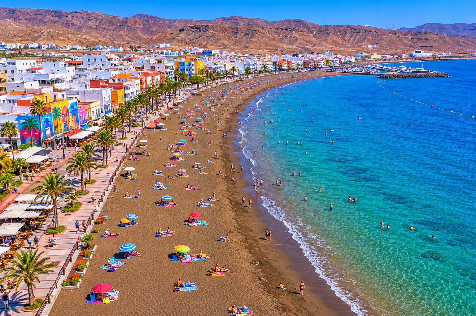 Gran Tarajal – lokal strand med spansk atmosfär, Fuerteventura, helikoptervy